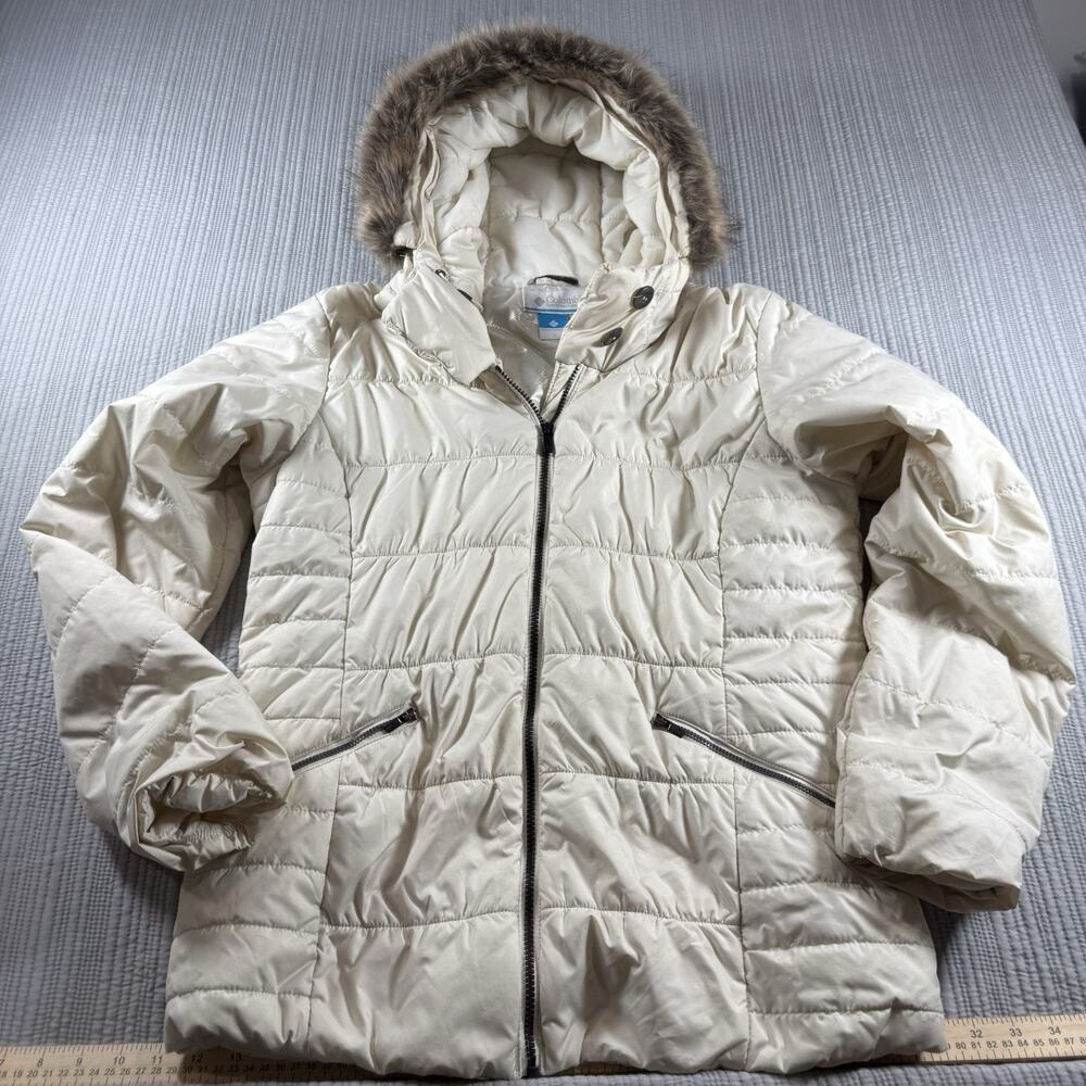 Columbia Puffer Jacket Omni Shade Fur Trim Womens L Gorpcore Apres Ski Cabincore